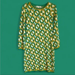 Boden Dress Sz 8L Swinging Sixties Tunic Sweater Gold Green Geometric Festive EC